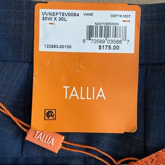 Tallia Men's 30x30 Suit Pant Vane Stretch Wool Blend Navy & Brown Check NEW
